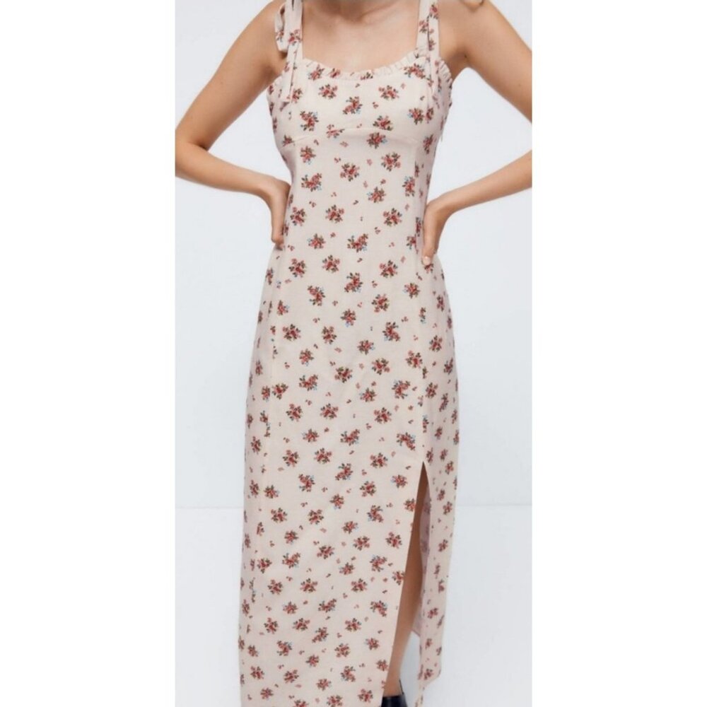 Zara Strapped Cream Linen Blend Floral Long Length Dress Size LARGE - Picture 2 of 13